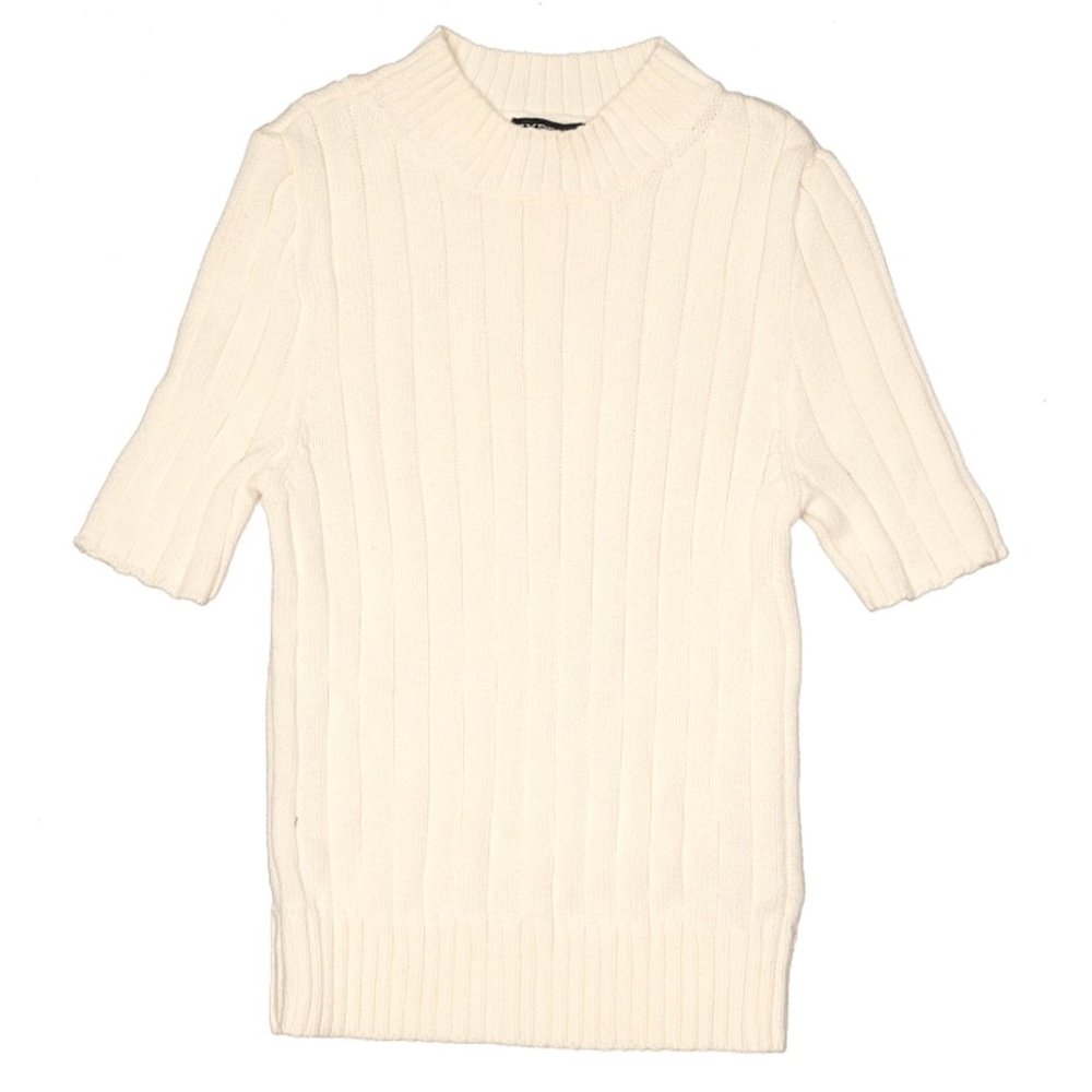 Express Pullover Sweater Cream XS Off White Fitted Short Sleeve Mock Neck